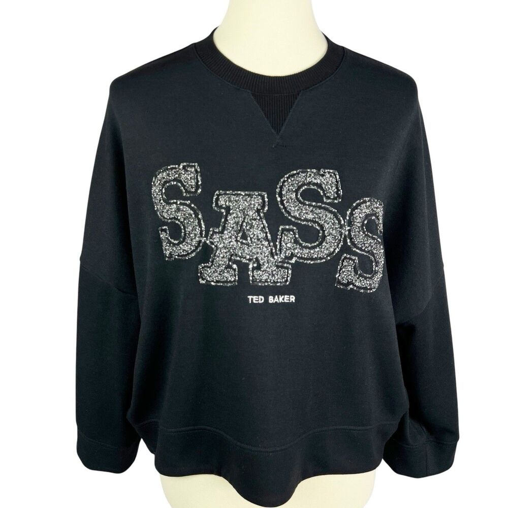 Ted Baker London Black Silver Embroidered SASS Wide Sleeve Sweatshirt Small